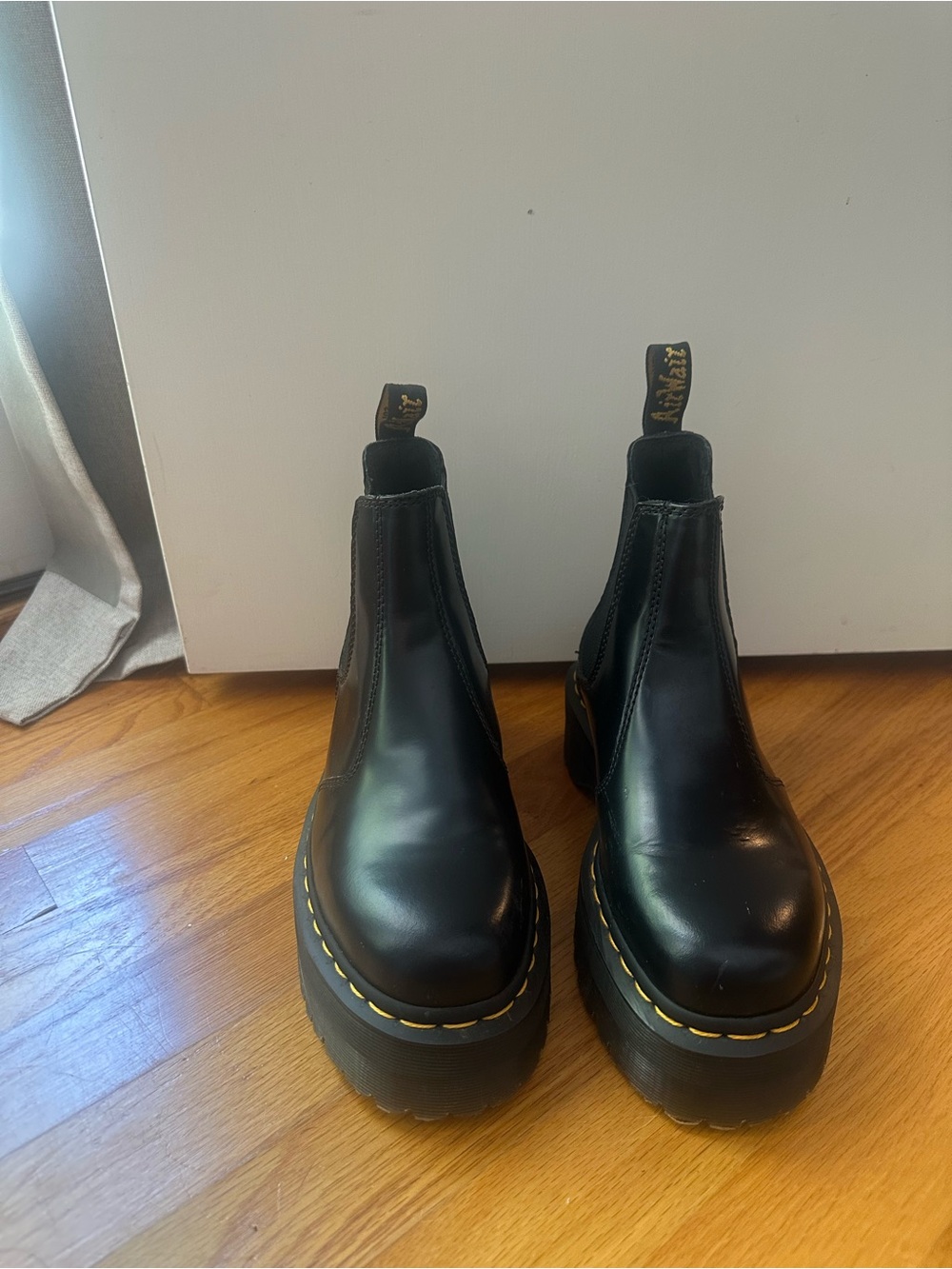 Dr. Martens Black Leather Platform Chelsea Boots with Yellow Stitching